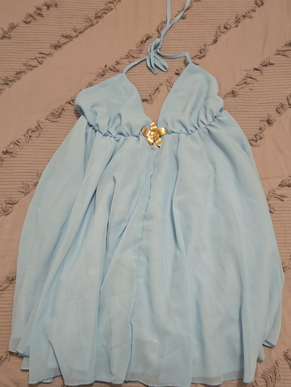 SHEIN Light Blue Strapless Chiffon Dress with Gold Flower